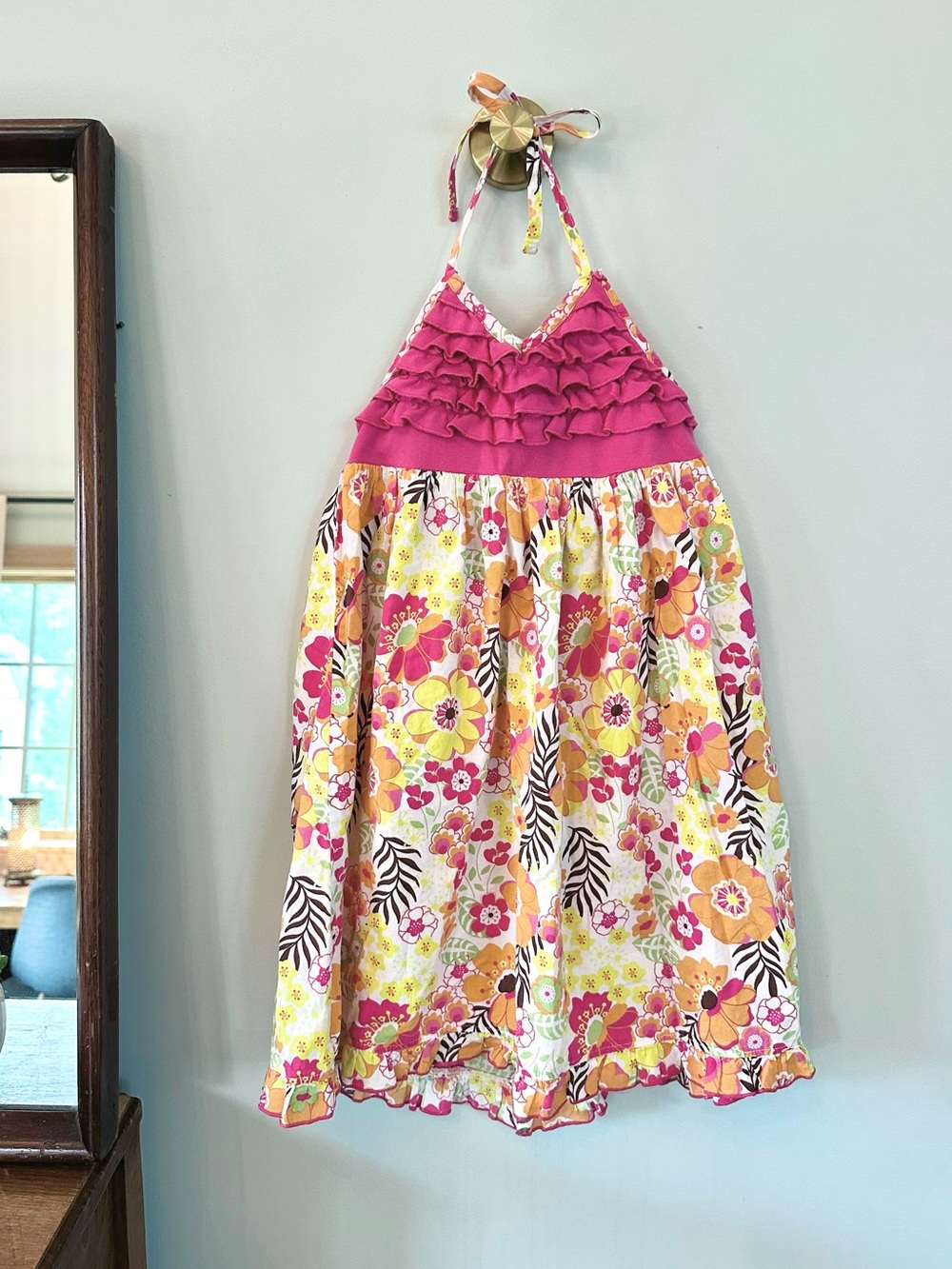 Kalula Kids by Youngland Floral Halter Dress Girls 6X Pink Orange Ruffle